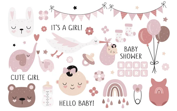 Coleção Chuveiro Bebê Desenhada Mão Vetorial Para Menina Com Bebês —  Vetores de Stock