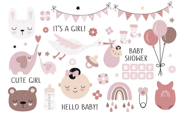 Collection Douche Bébé Dessinée Main Vectorielle Pour Fille Avec Des — Image vectorielle