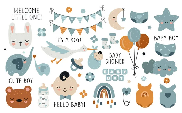 Collezione Baby Shower Vettoriale Disegnata Mano Bambino Con Bambini Carini — Vettoriale Stock