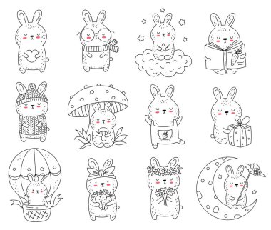 Şirin tavşanlar çizen vektör koleksiyonu. Karalama çizimi. Paskalya, bebek partisi, doğum günü, çocuk partisi, tebrik kartları, çocuk odası dekorasyonu.