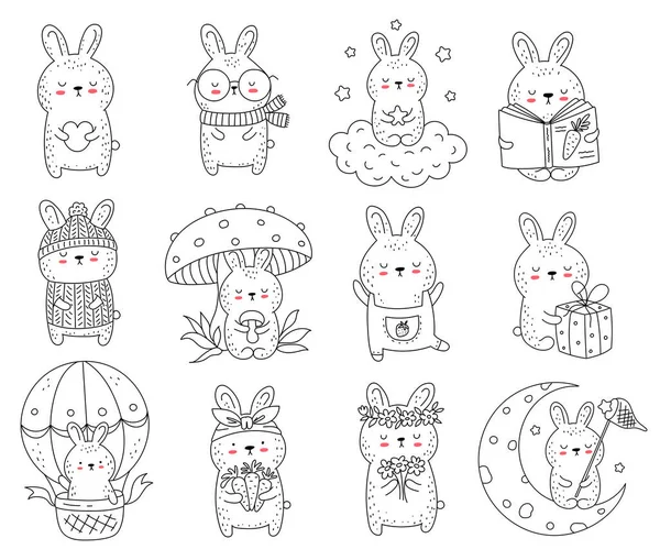 Colección Vectorial Línea Dibujo Lindos Conejos Ilustración Doodle Pascua Baby — Archivo Imágenes Vectoriales