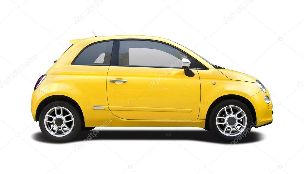 Yellow sport hatchback car, side view isolated on white background