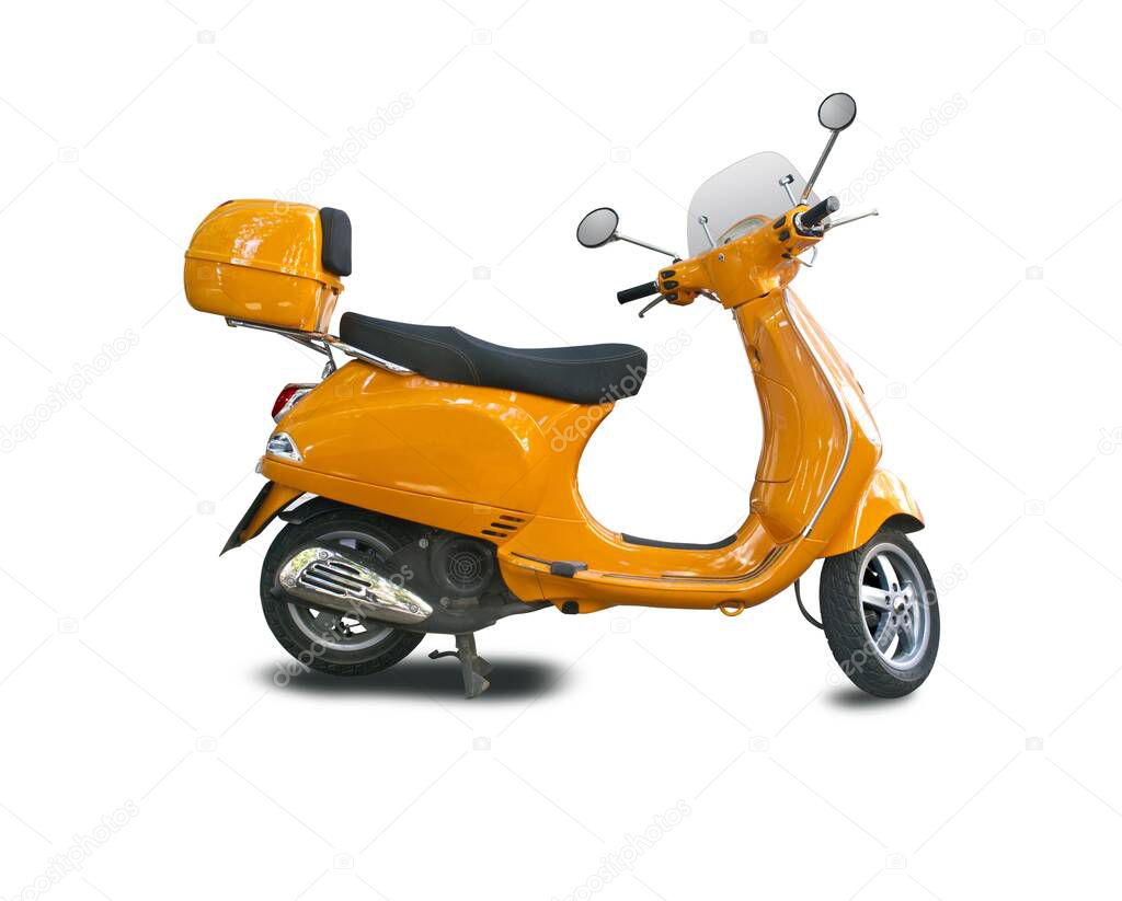 Orange scooter side view isolated on white background