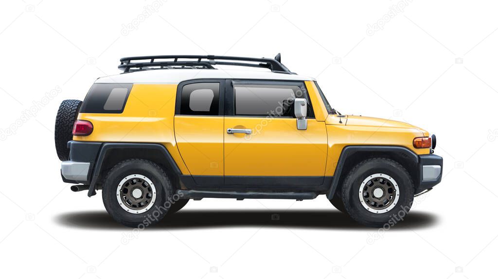 Yellow SUV car side view isolated on white background