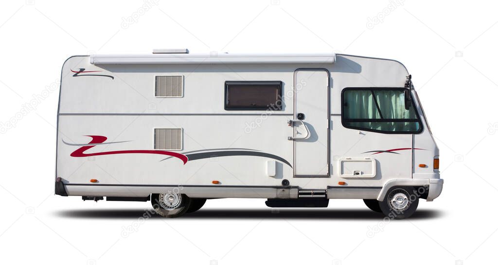 Old motorhome side view isolated on white background