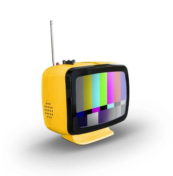 Televisão Retro Amarela Com Sinal Teste Isolado Fundo Branco — Fotografia de Stock