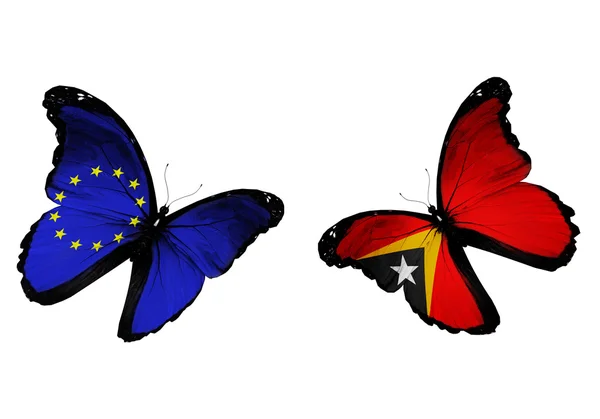 Concept - two butterflies with EU and East Timor flags flying — Stock Photo, Image