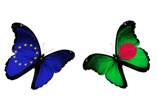 Concept - two butterflies with EU and Bangladesh flags flying — Stock Photo, Image