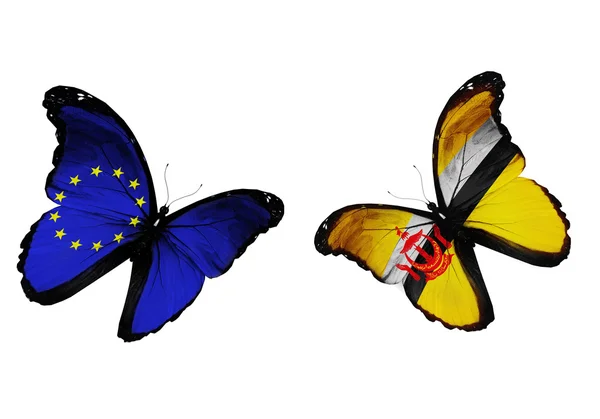 Koncept - dva motýli s Eu a Brunej vlajky vlají — Stock fotografie