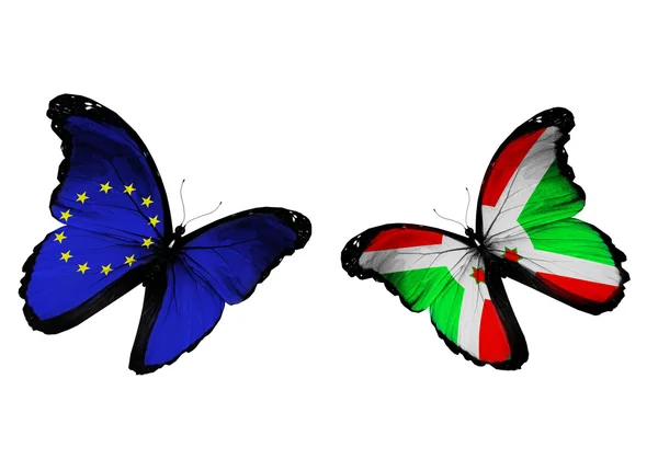 Concepto: dos mariposas con banderas de la UE y Burundi ondeando — Foto de Stock