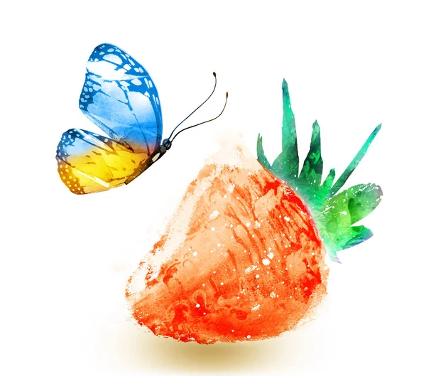 Aquarelle Fraise Avec Papillon Sur Blanc — Photo