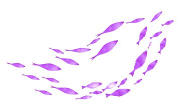 Beyaz üzerine balık gruplarının siluetleri. Suluboya