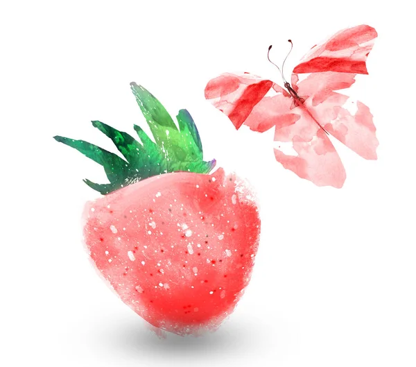 Aquarelle Fraise Avec Papillon Sur Blanc — Photo