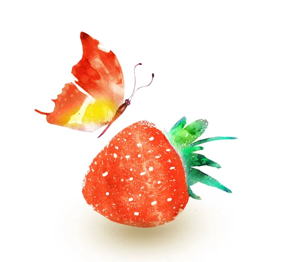 白蝴蝶的水彩草莓 — 图库照片