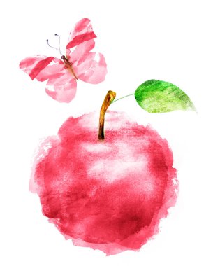 Beyaz üzerine suluboya elma ve kelebek