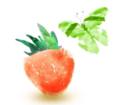 Watercolor strawberry with butterfly on white clipart