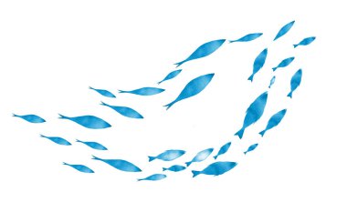 Beyaz üzerine balık gruplarının siluetleri. Suluboya