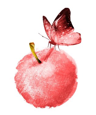 Beyaz üzerine suluboya elma ve kelebek