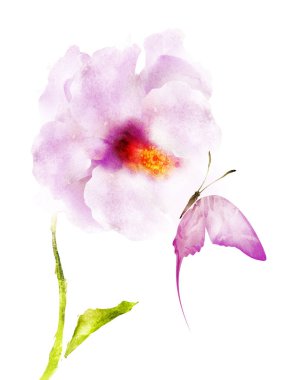 Kelebekli suluboya çiçek, beyaz arka planda izole