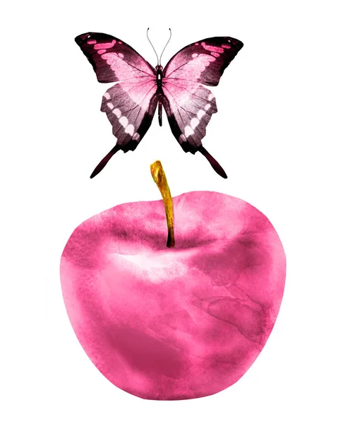 Jablko Akvarel Motýl Bílém — Stock fotografie