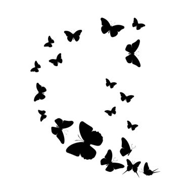 Beyaz arka planda siyah kelebek sürüsü