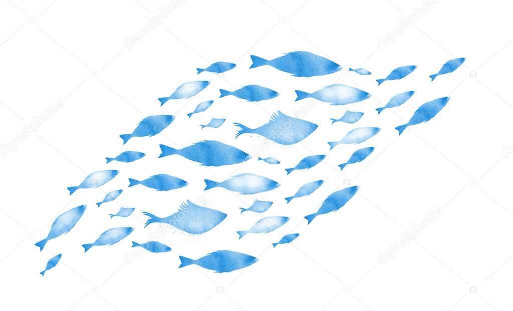 Silhouettes of groups of  fishes on white. Watercolor