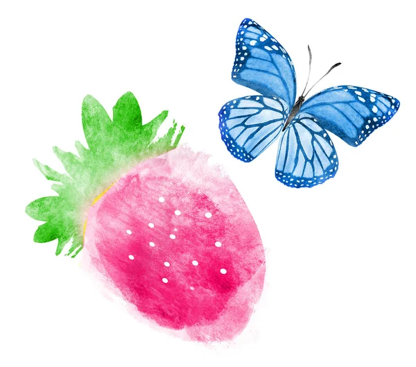 白に蝶と水彩イチゴ — ストック写真