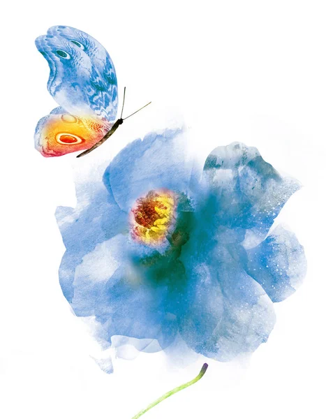 Aquarell Blume Mit Schmetterling Isoliert Auf Weißem Hintergrund — Stockfoto