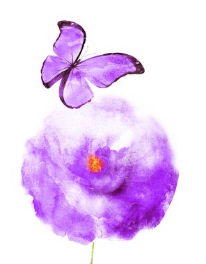Watercolor flower with butterfly, isolated on white background clipart