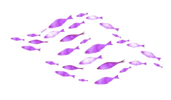 Silhuetas Grupos Peixes Branco Aquarela — Fotografia de Stock