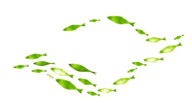 Beyaz üzerine balık gruplarının siluetleri. Suluboya