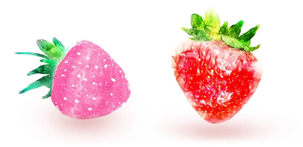 Twee Aquarel Aardbeien Witte Achtergrond — Stockfoto