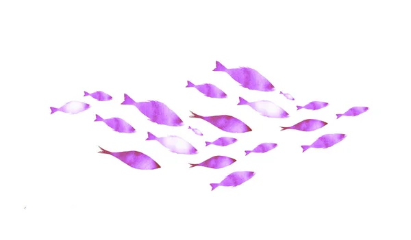 Silhouettes Groups Fishes White Watercolor — Stock Photo, Image