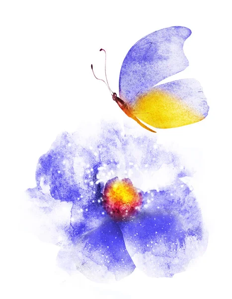 Akvarel Květina Motýlem Izolované Bílém Pozadí — Stock fotografie
