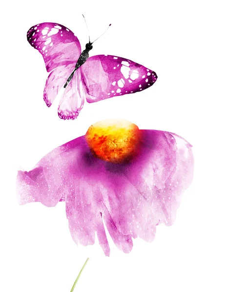 Aquarell Blume Mit Schmetterling Isoliert Auf Weißem Hintergrund — Stockfoto