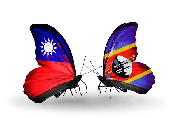 Butterflies with Taiwan and Swaziland flags on wings — Stock Photo, Image