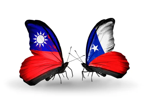 Butterflies with Taiwan and Chile flags on wings — Stock Photo, Image