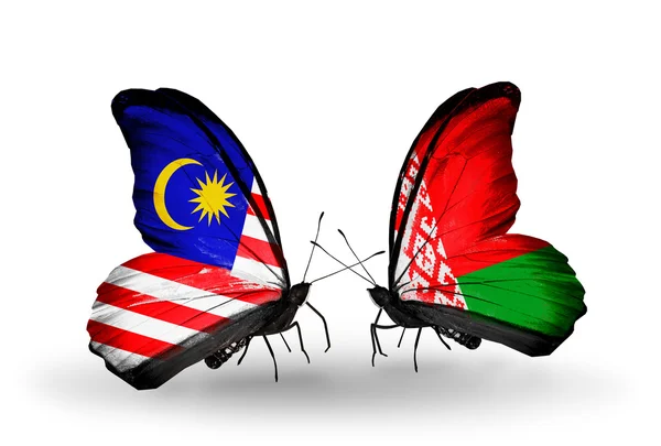 Papillons avec drapeaux Malaisie et Biélorussie sur les ailes — Photo