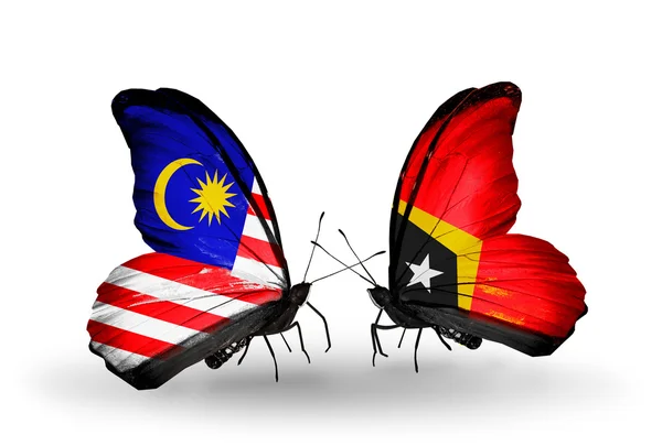Papillons avec drapeaux Malaisie et Timor oriental sur les ailes — Photo