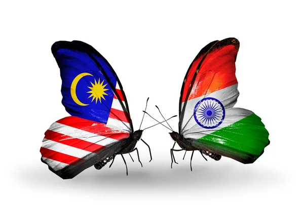 Butterflies with Malaysia and  India flags on wings — Stock Photo, Image