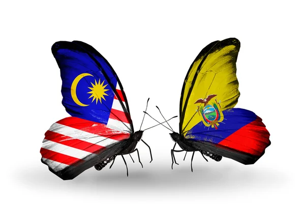 Motyle z Malezji i Ekwador flagi na skrzydłach — Zdjęcie stockowe