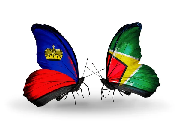 Butterflies with Liechtenstein and Guyana flags on wings — Stock Photo, Image