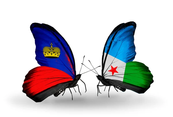 Papillons avec drapeaux Liechtenstein et Djibouti sur les ailes — Photo