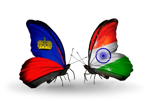 Butterflies with Liechtenstein and India flags on wings — Stock Photo, Image