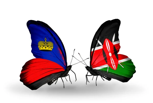 Kelebek kanatları üzerinde Liechtenstein ve Kenya bayraklı — Stok fotoğraf