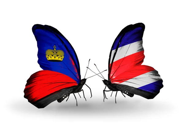Mariposas con banderas de Liechtenstein y Costa Rica en alas — Foto de Stock