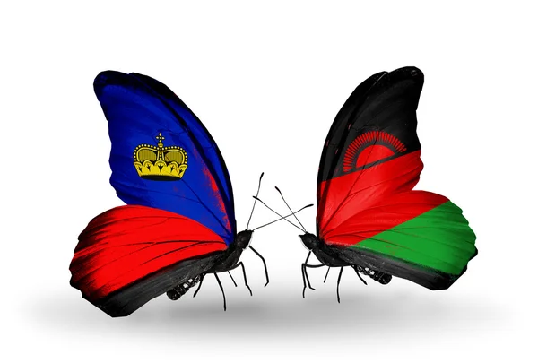 Papillons avec drapeaux Liechtenstein et Malawi sur les ailes — Photo