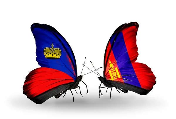 Mariposas con banderas de Liechtenstein y Mongolia en alas — Foto de Stock