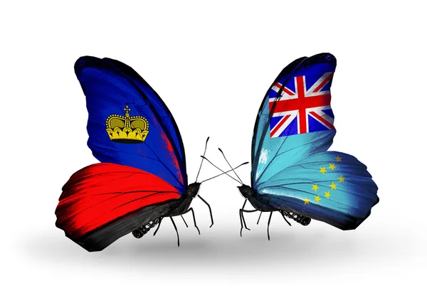 Butterflies with Liechtenstein and Tuvalu flags on wings — Stock Photo, Image