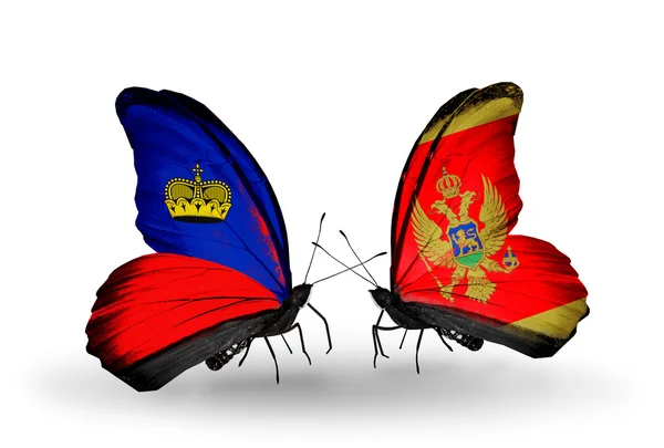 Fjärilar med Liechtenstein och Montenegro flaggor på vingar — Stockfoto